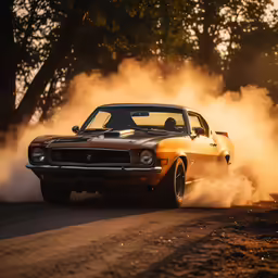 a mustang car blowing out a lot of dust