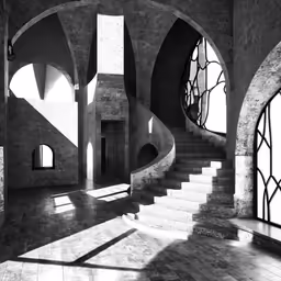 stone stairs are in front of large windows