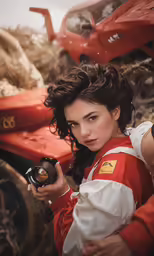 a woman in an old dress is near a red tractor