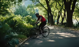 a person riding a bicycle down a dirt path