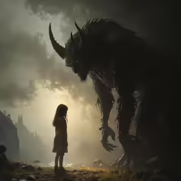an animated scene of a girl watching a giant monster