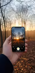 a man holding his phone with an image of trees