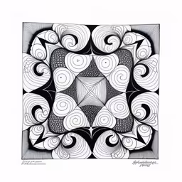 a drawing of some sort with black and white swirls,a square shaped artwork piece with lines and swirls on it