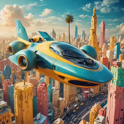 an image of an airplane flying over a city