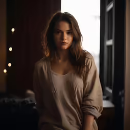 the young woman is standing by the window
