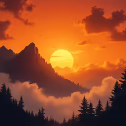 the sun is setting behind a mountain range with a low hanging cloud
