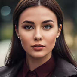 a beautiful woman with brown hair and wearing a black jacket