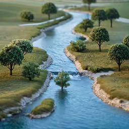 there is a miniature river in a green field