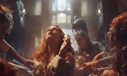 many people with hands together in a dark room