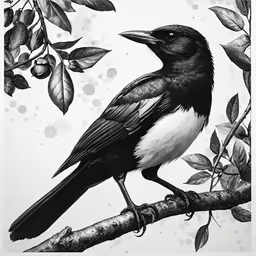 blackbird sitting on branch in leaves and flowers
