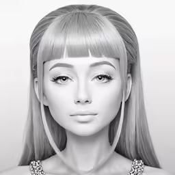 a model wearing necklaces is shown in black and white