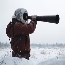 a man looking through a binette during winter with snow
