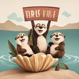 three small stuffed pandas sitting in a bowl and holding up a sign