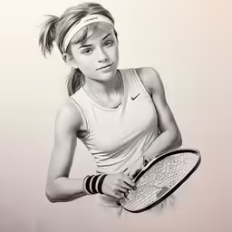 a black and white photo of a young woman holding a tennis racket