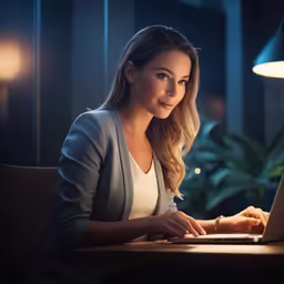 a smiling woman sitting at a desk on her laptop