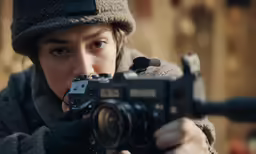 a woman in winter clothes and gloves holding up a camera