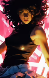 a woman wearing black top and skirt with pink background