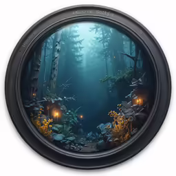 a circular hole in the wall is showing a forest with yellow flowers