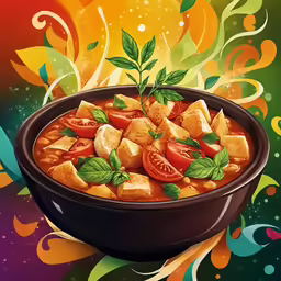 a bowl of stew with tomato slices and herbs