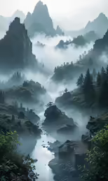 there is a stream flowing through the mountains