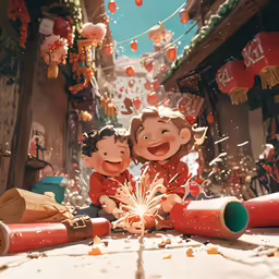 two little kids playing with fireworks in an asian city
