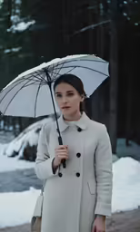 a woman in white coat and black boots under umbrella