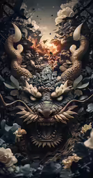 digital illustration of an oriental demon among flowers and trees