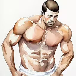 a watercolor of a male bodyburst posing for a photo,a painting of a man without a shirt,watercolor painting of a man with his shirt off,this is a painting of a shirtless man,a bodybull man standing with his hands on his hips