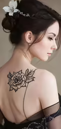 a girl has a back tattoo of flowers on her