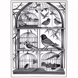 four birdcages sit in the middle of a cage filled with birds,a cage full of birds in front of the wall