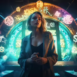 woman in front of illuminated circular window