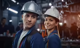 man and woman wearing hard hats in factory