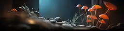 a painting of several mushrooms growing out of the ground
