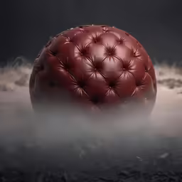 there is a red ottoman sitting in the middle of the clouds