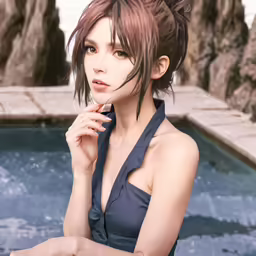 a woman in a bathing suit and hair is by a pool