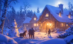people are standing outside a snowy cabin on a mountain