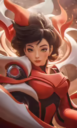 the illustration shows an attractive woman in red, black and white attire
