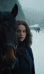 a woman standing next to a brown horse