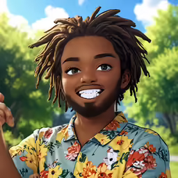 an animated picture of a person with dreadlocks and a flower shirt