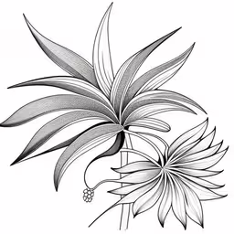 a plant with large leaves and flowers,an ink drawing of flowers, including a leaf