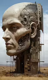 a person has their face cut in half by a massive sculpture