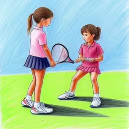 there are two girls in the picture, one is holding a tennis racket