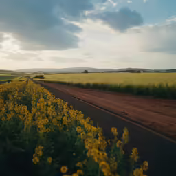 a dirt road runs between tall, grassy fields