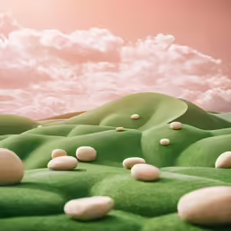 grass covered hills with rocks on the ground under clouds
