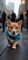 a small dog wearing a blue bandana