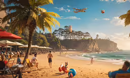 people enjoying the sun on a tropical beach,a beach scene with several people at the shore and an airplane in the sky