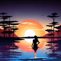 a person walking on the beach under an orange and purple sky,a person is standing in the water at sunset