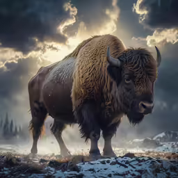 a bison is standing on a snow covered hill