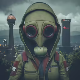 an alien in a gas mask is standing with a futuristic city in the background