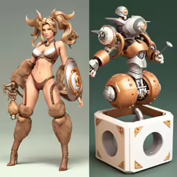 a figure next to a robot next to a box